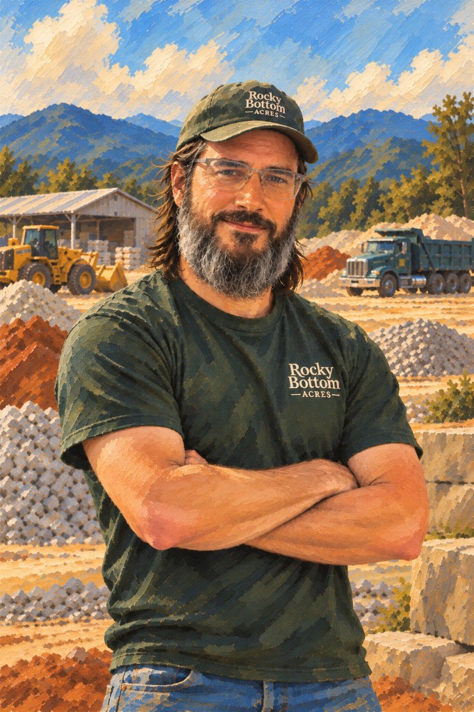 Brian at the yard, with a loader and dump truck behind him.