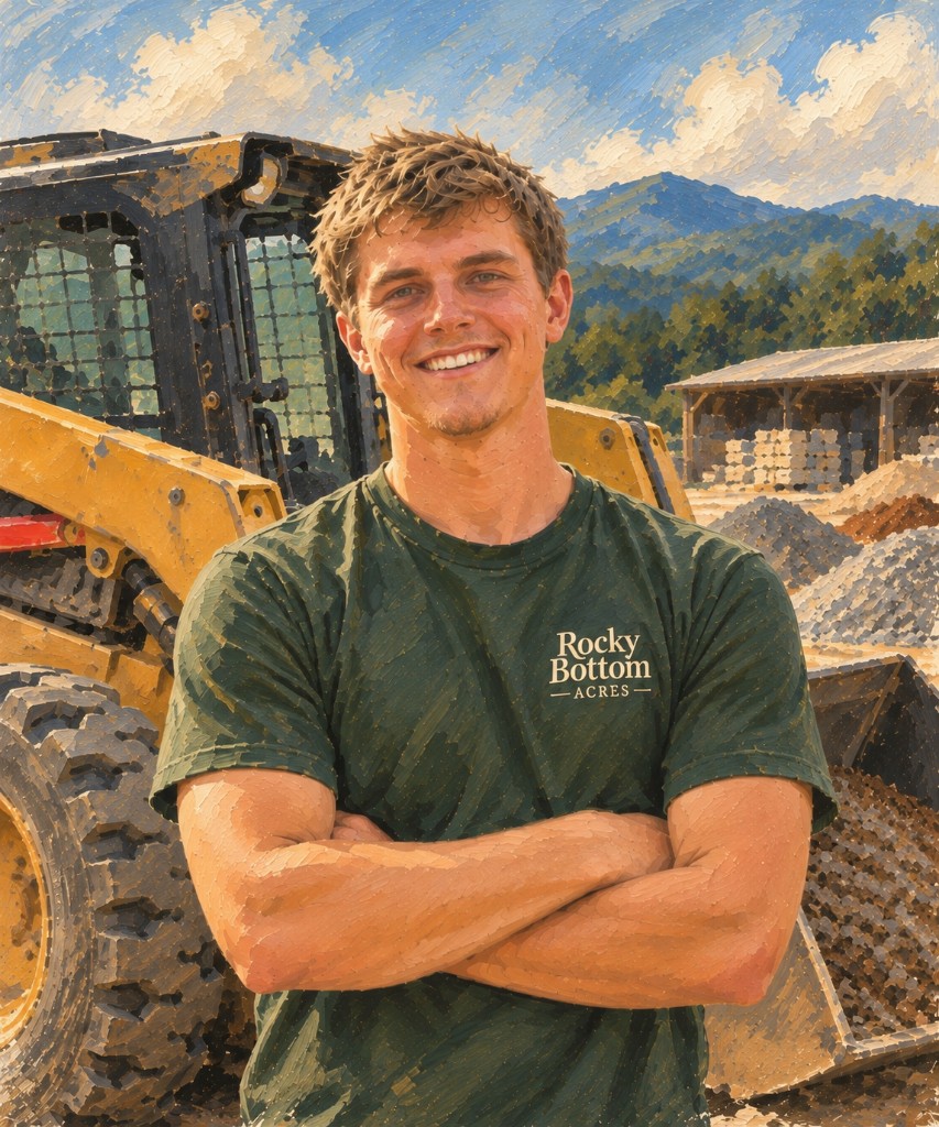 Dalton at the yard, with a skid steer behind him.