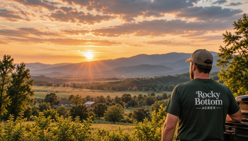 Looking out over the Shenandoah Valley at sunrise, wearing a Rocky Bottom Acres shirt.