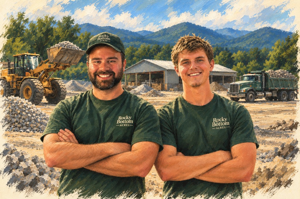 Michael and Dalton at the yard, with a loader and dump truck behind them.