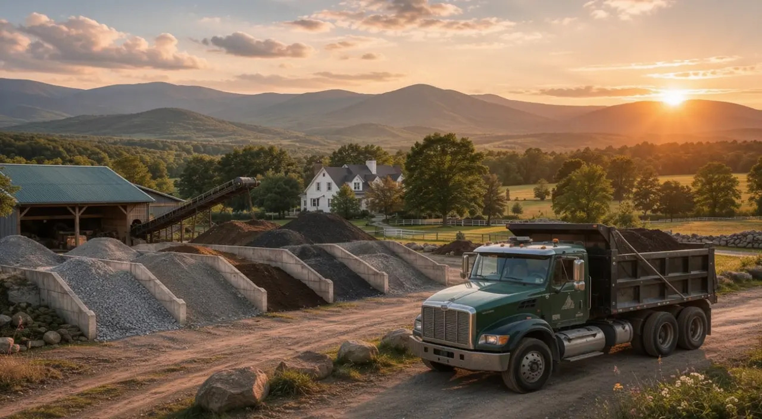 A dump truck at the Rocky Bottom Acres yard at sunset, with material piles and mountains behind it.