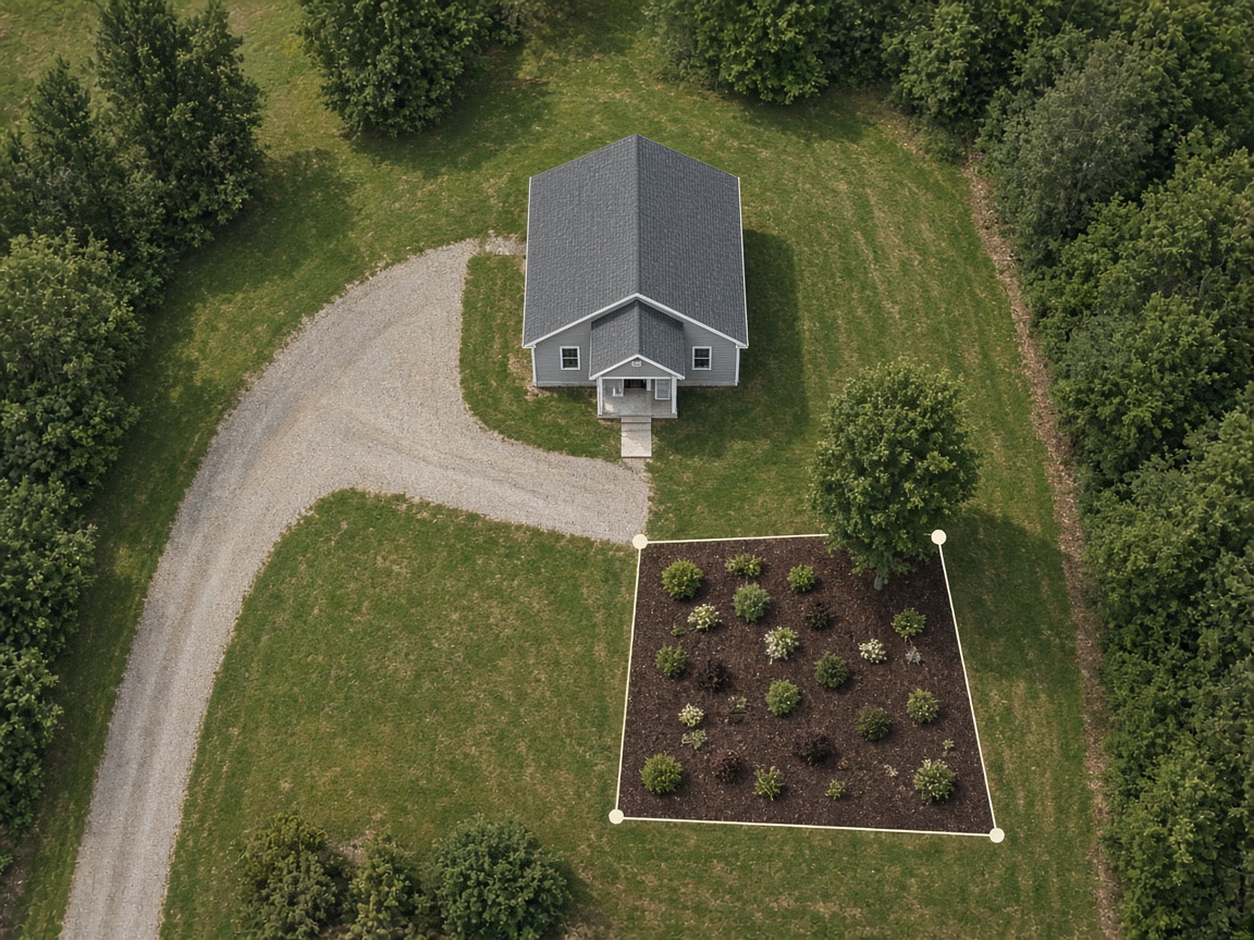 An aerial of a house with the garden bed outlined.