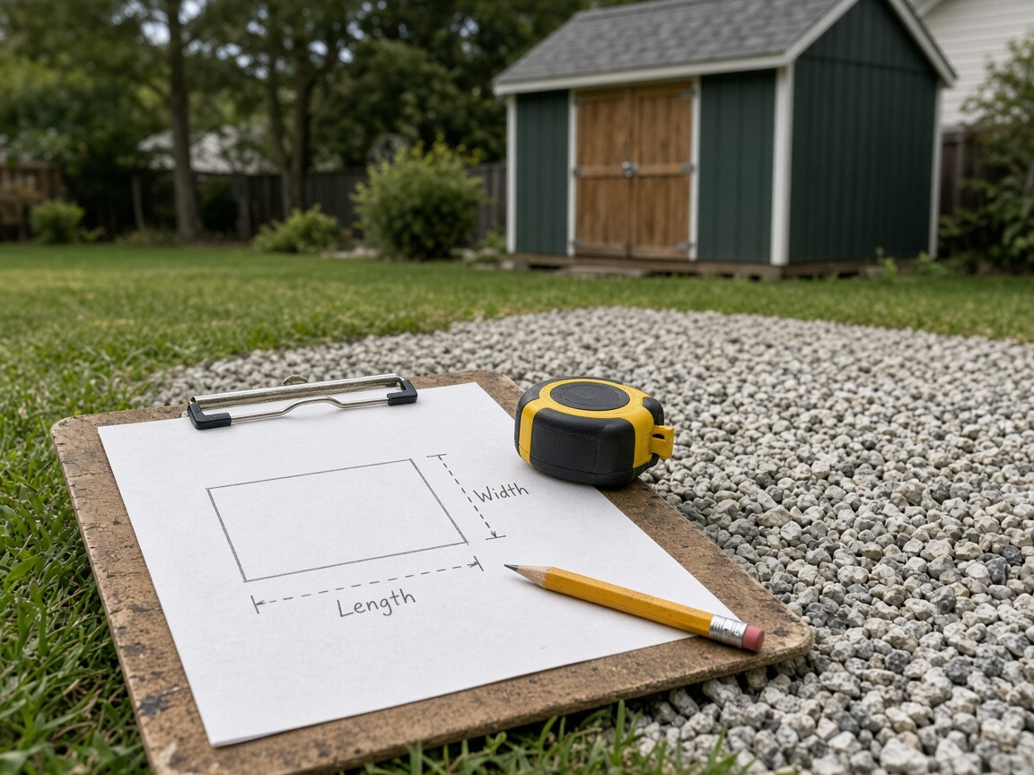 A clipboard with length and width marked, tape measure on a gravel pad.