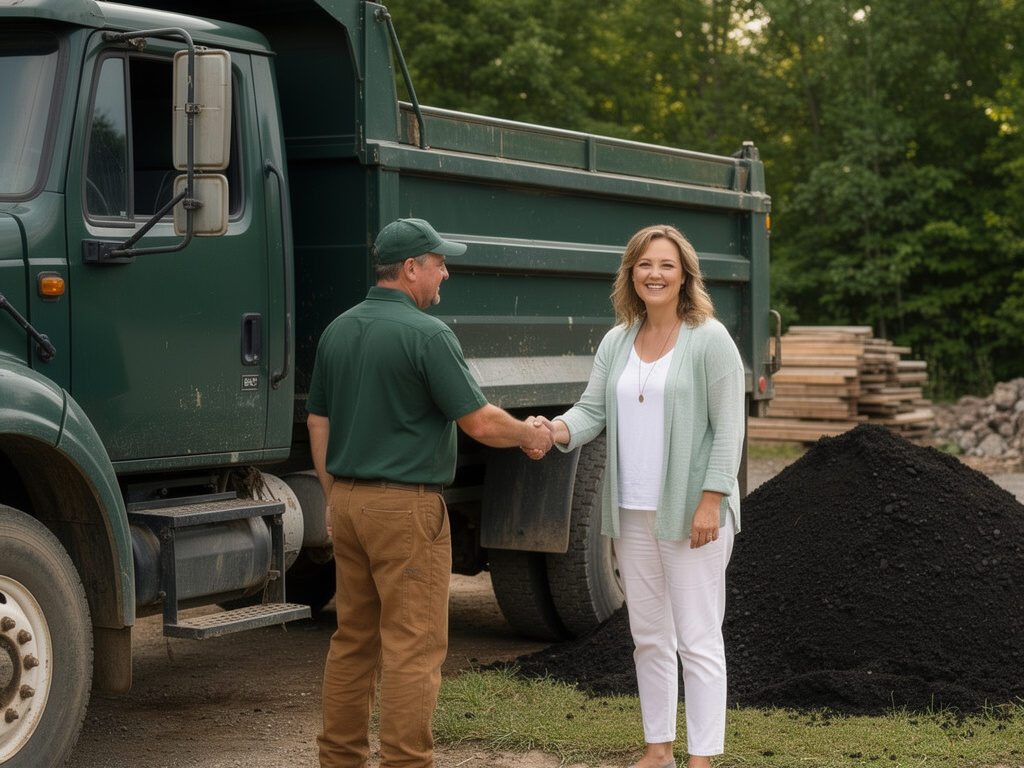 An operator shaking hands with a homeowner beside a green dump truck and a delivered load.
