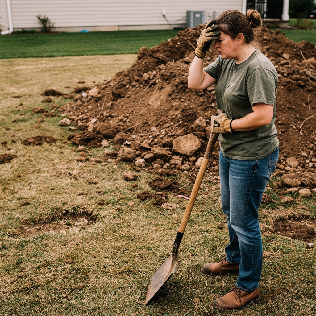 A homeowner standing beside a rocky pile of fill, shovel in the grass.