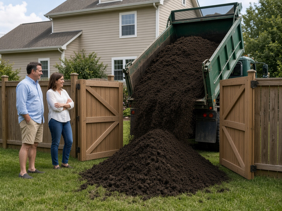 A dump truck placing soil through tight backyard gates as homeowners watch.